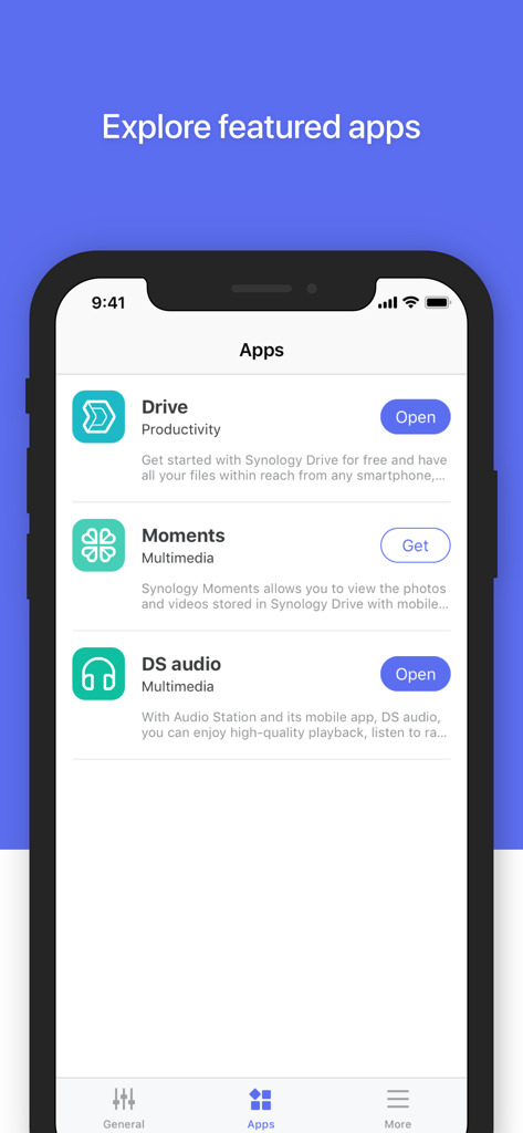 DS finder app screen showing a list of featured Synology applications including Drive and DS audio