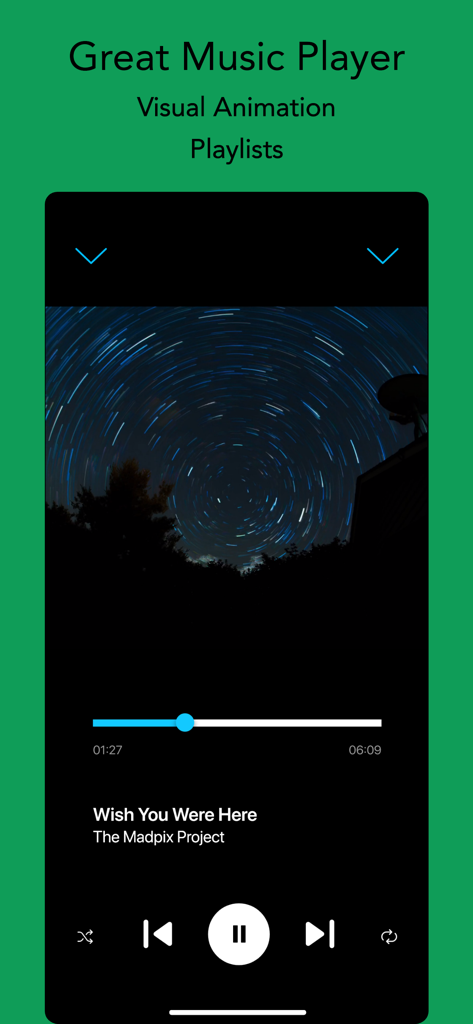 Interface do aplicativo Offline Music mostrando um reprodutor de música com controles de reprodução e uma imagem de capa de álbum estrelada