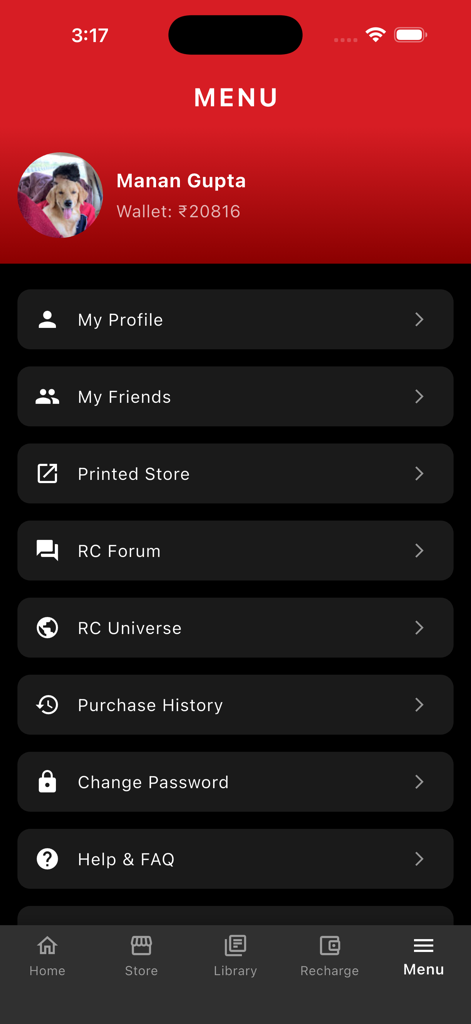 Raj Comics - Raj Comics app menu screen displaying user profile wallet balance and account settings
