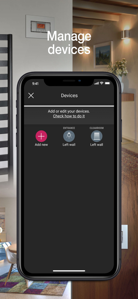 Interfaccia dell'app Vimar VIEW Wireless che mostra la schermata di gestione dei dispositivi con opzioni per aggiungere o modificare componenti smart home come luci e tapparelle.