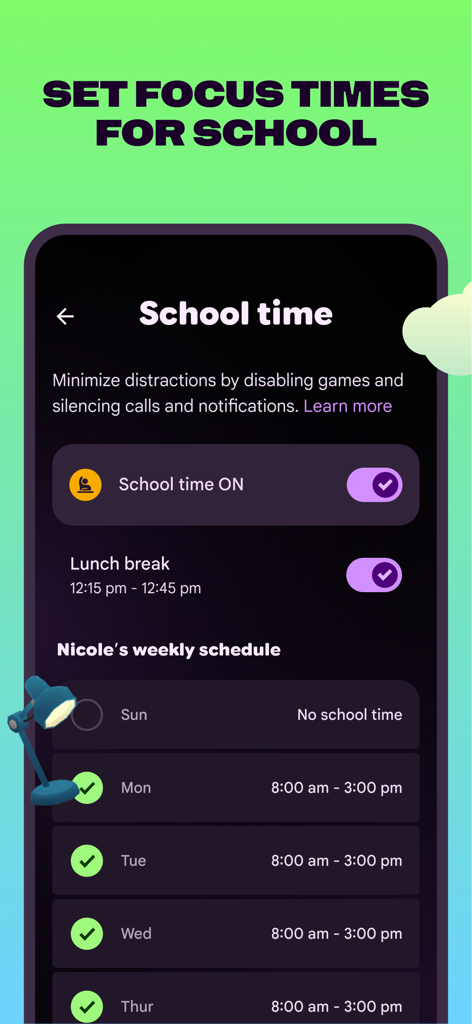 Fitbit Ace - Fitbit Ace app interface for scheduling school time focus hours and managing distractions