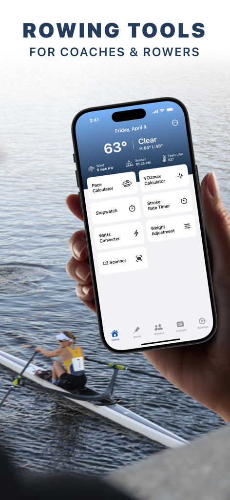 A hand holding an iPhone displaying The Rowing App home screen with tools like pace calculator and stroke rate timer over a background of a rower on water.