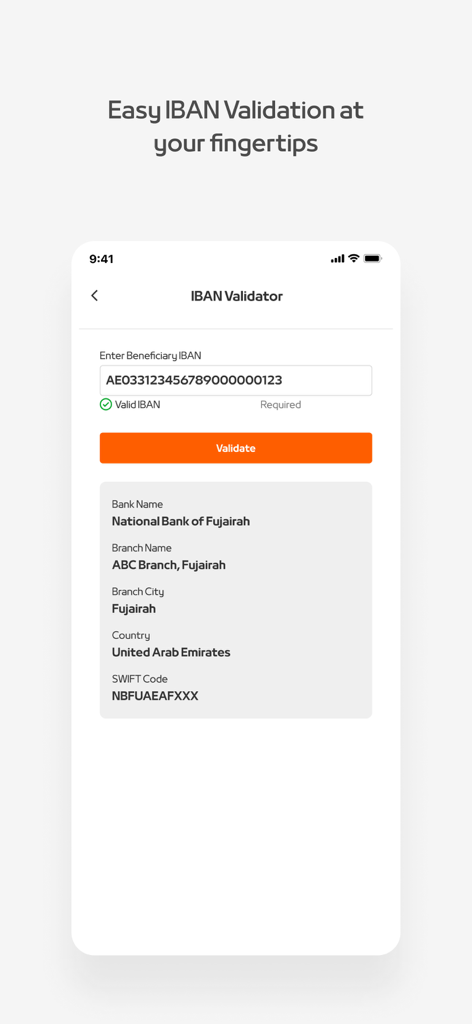Mashreq NEO CORP - Interface de validation IBAN dans l'application Mashreq NEO CORP affichant les détails de la banque et de la succursale pour un compte bénéficiaire aux Émirats arabes unis.