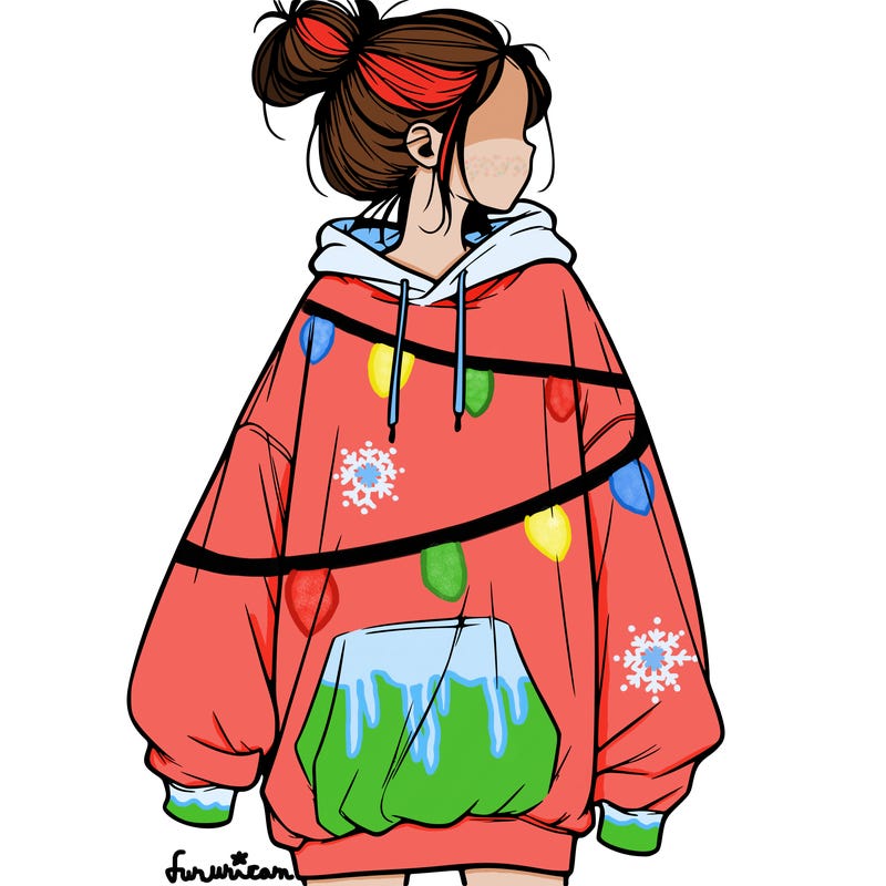 realistic girl with a oversized sweatshirt on and a bun