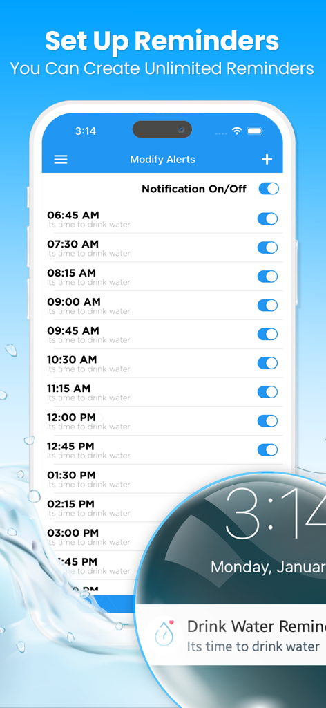 Drink Water Reminder Pro - Interfaz de la aplicación Recordatorio de Beber Agua Pro que muestra una lista de notificaciones diarias de hidratación y configuraciones