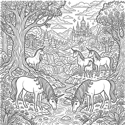 Step into a world of enchantment with this detailed full-scene unicorn coloring page. Discover majestic unicorns, a grand castle, and a magical forest waiting for your creative touch.