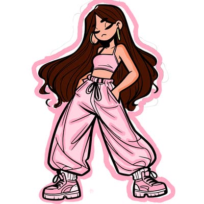 girl in baggy pants crop top and long hair
