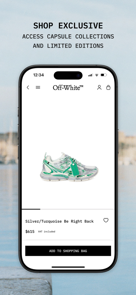 Off-White - Off-White mobile app showing a luxury silver and turquoise sneaker with shopping options and exclusive collection access.
