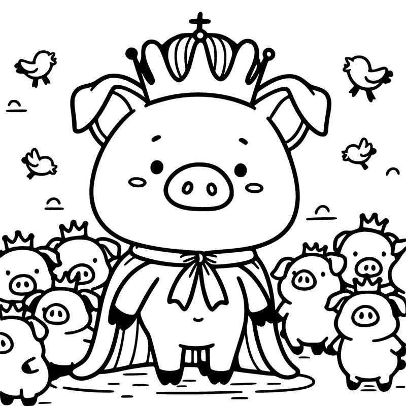 pig with a crown, and small pigs gathering around him