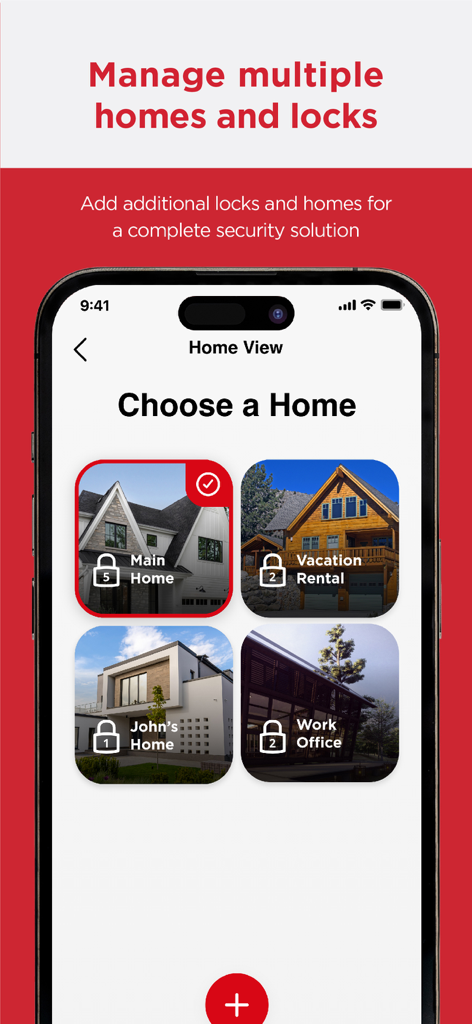 A smartphone showing the Kwikset app home selection screen with options for managing multiple properties like a main home and vacation rental