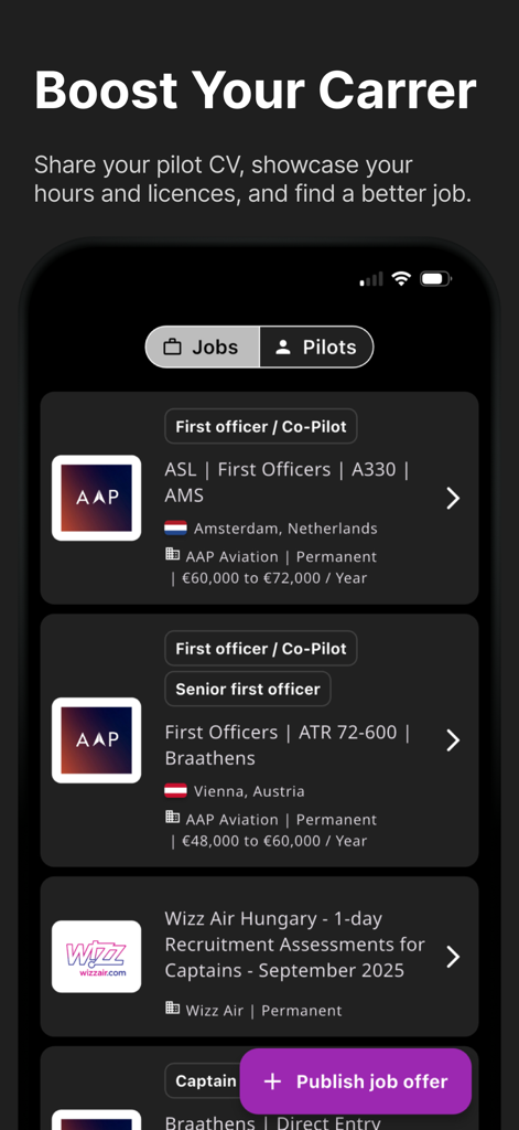 Pilot job board screen in the FLYLOG app showing career opportunities
