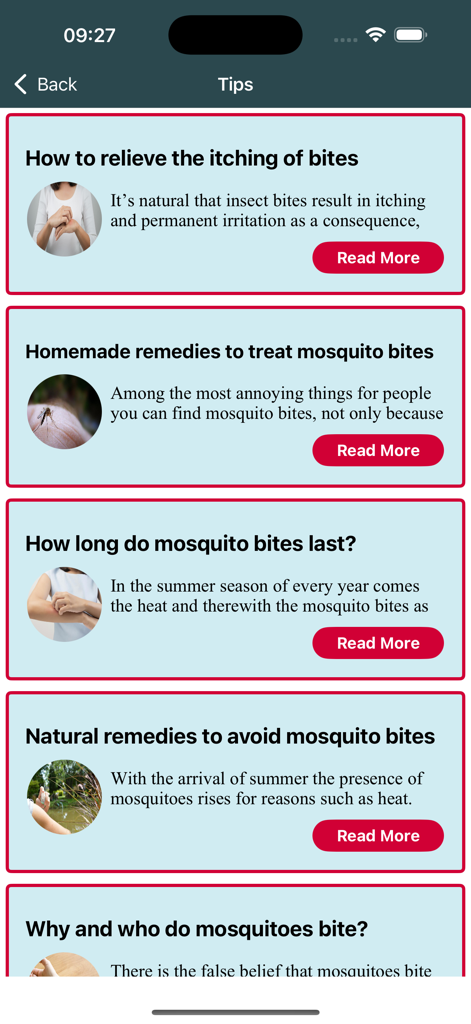 Anti Mosquito Repellent Sound - 蚊に刺されたときの緩和策と自然な予防法に関するヒントのリストを表示するモバイルアプリ画面