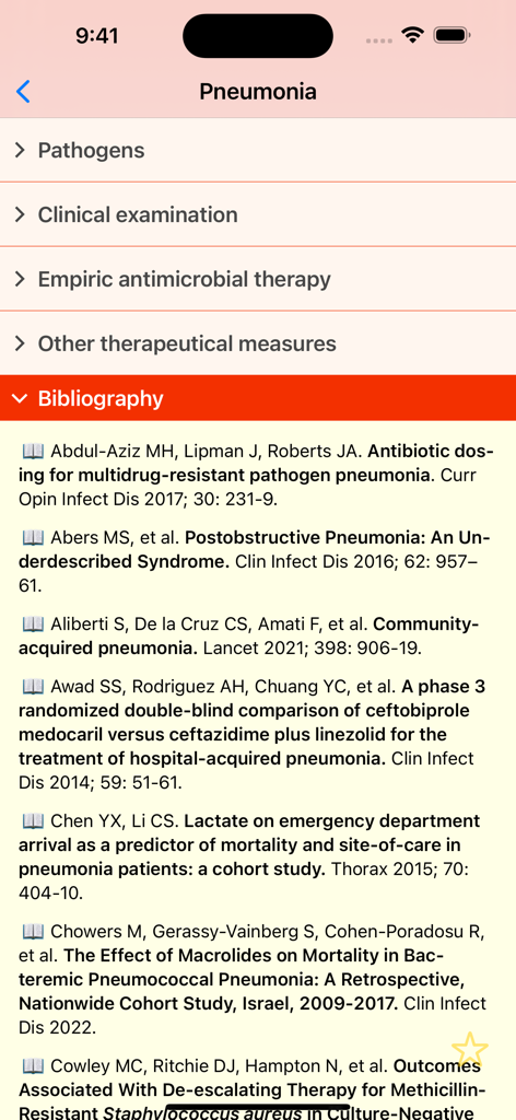 Mensa Guide - Mensa Guide medical app screen showing pneumonia bibliography and clinical references