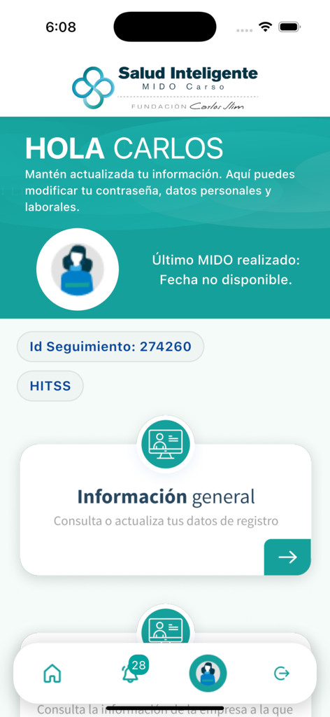 Salud Inteligente MIDO Carso - Panel de perfil de usuario en la aplicación Salud Inteligente MIDO Carso que muestra información de seguimiento y secciones de datos personales