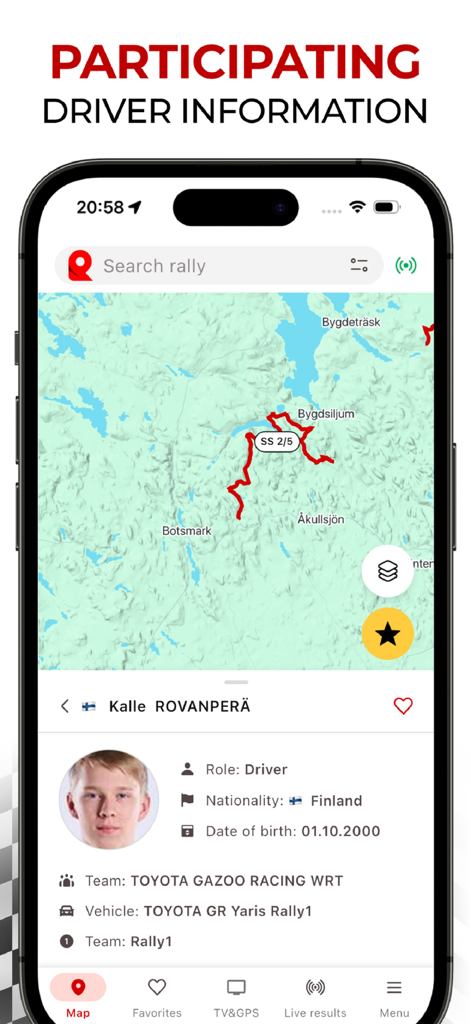 RallyPin - RallyPin app interface displaying driver details and a live rally map