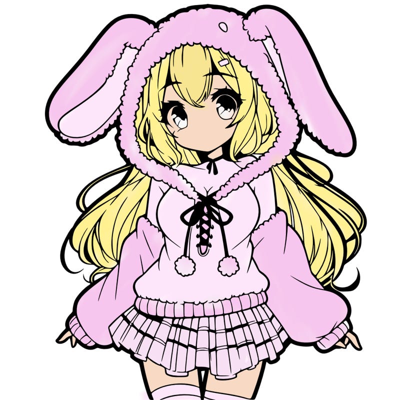 pretty anime girl wearing a fluffy hoodie with bunny ears on the hood and a skirt