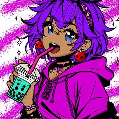 hot baddie anime girl drinking boba and biting the straw