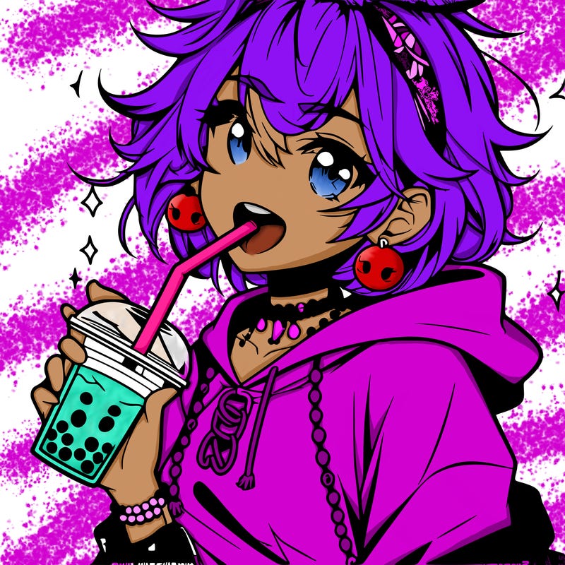 hot baddie anime girl drinking boba and biting the straw