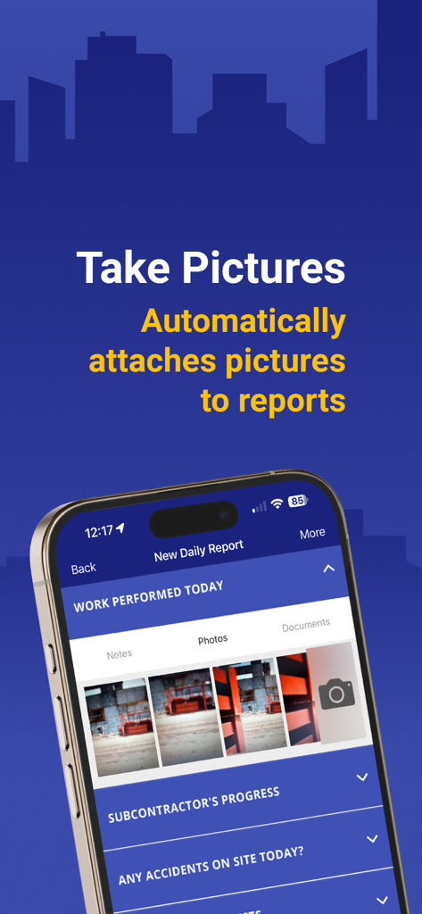 Oberfläche der Bautagebuch-App zeigt Fotos an, die an einem Arbeitsbericht angehängt sind