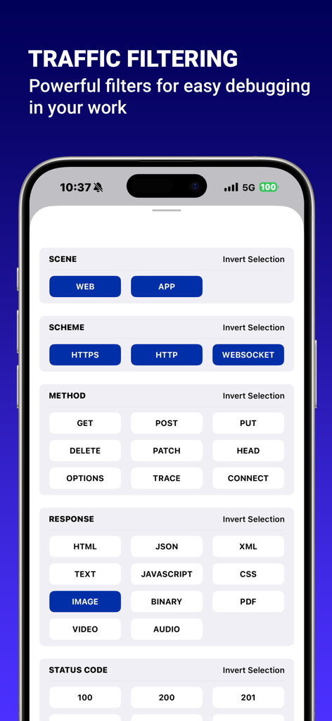 Interface showing network traffic filtering options for debugging