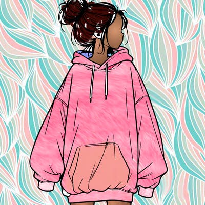 realistic girl with a oversized sweatshirt on and a bun
