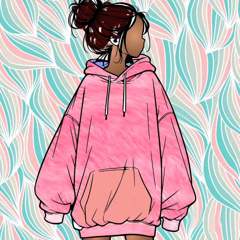 realistic girl with a oversized sweatshirt on and a bun