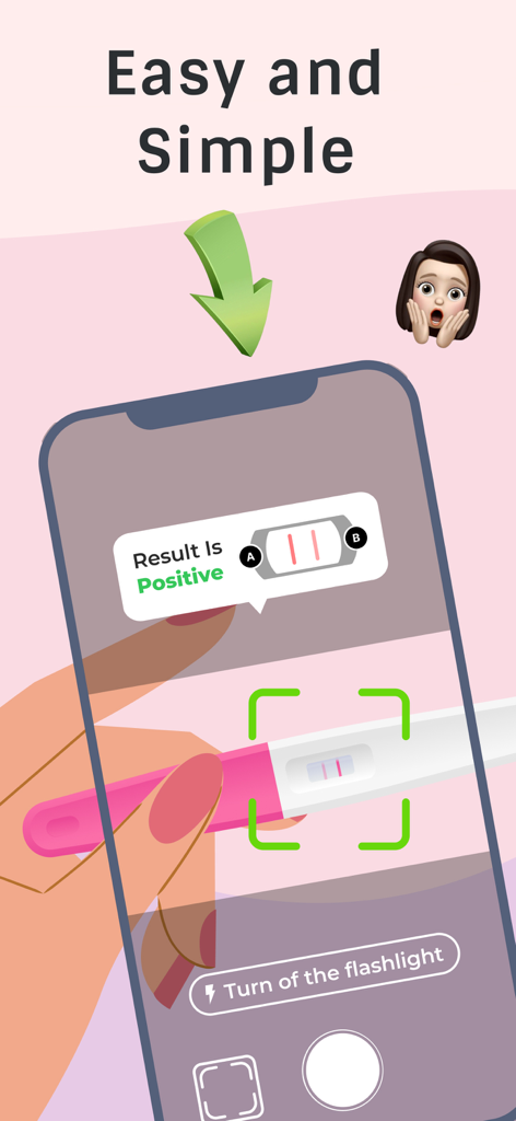 Pregnancy test Checker/Scanner - Mobile app interface scanning a pregnancy test strip with a positive result notification