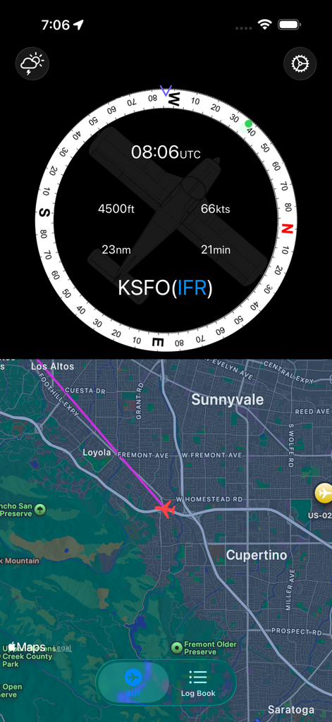 Interfaccia dell'app Direct To che mostra strumenti di volo con dati di altitudine e velocità accanto a una mappa live che traccia un aereo su Sunnyvale