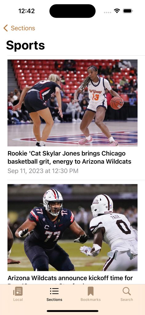 tucson.com - Tela de notícias esportivas no aplicativo tucson.com com os Arizona Wildcats