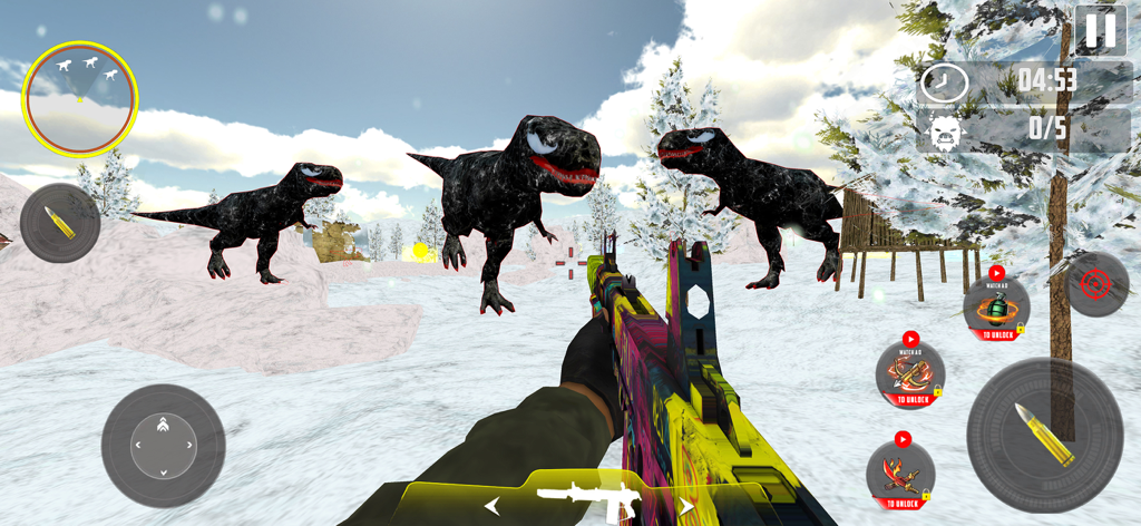 Animal Hunter: Dinosaur Games - First person shooter gameplay of hunting black dinosaurs in a snowy environment