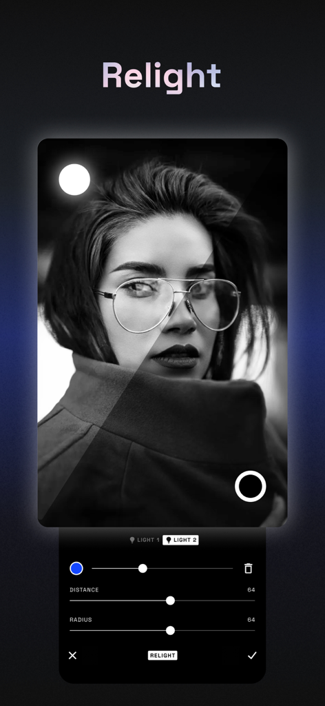 Filterloop app relight interface showing adjustable light source on a black and white portrait with distance and radius sliders