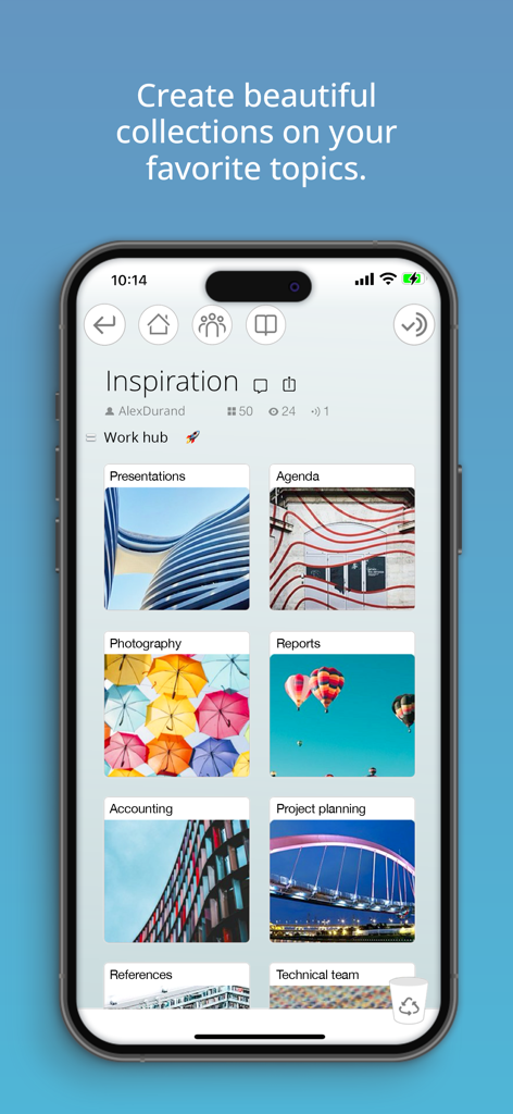 Pearltrees - Pearltrees app interface showing a visual grid of work and inspiration collections on an iPhone.