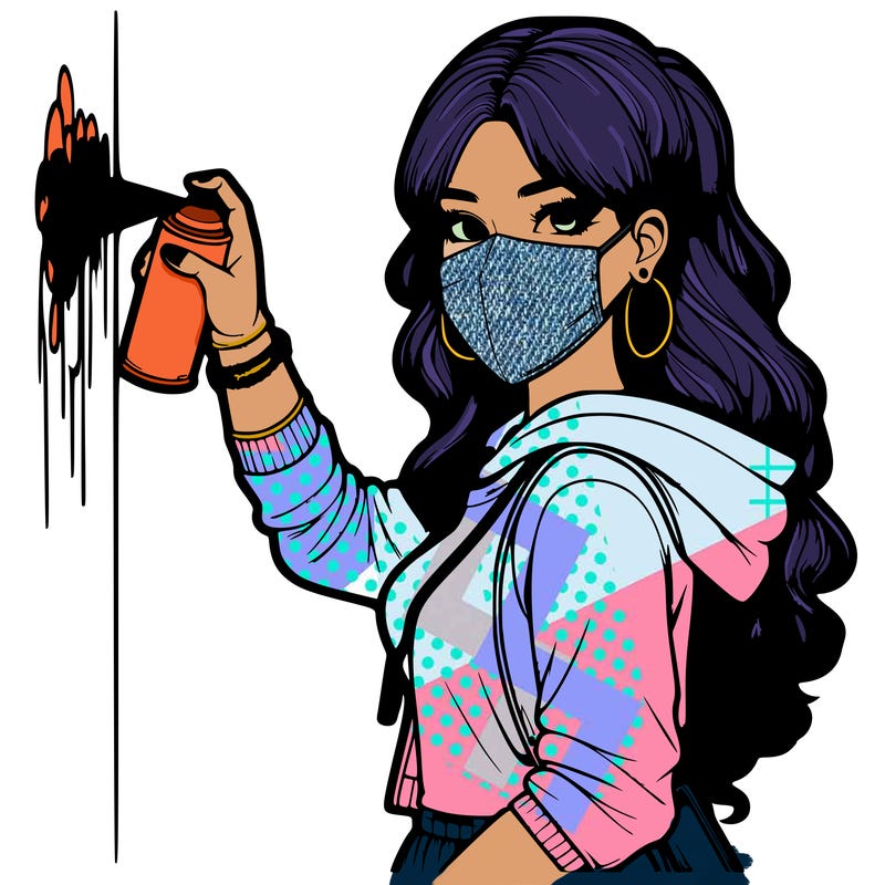 realistic girl with mask spray painting a wall