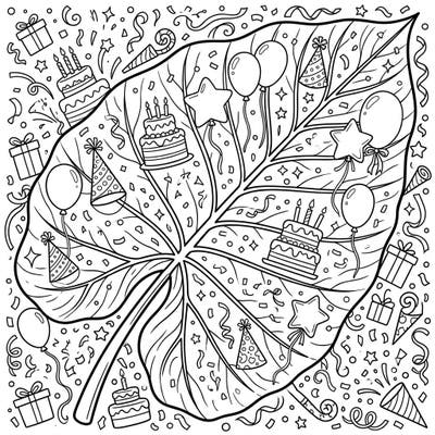 Dive into a botanical birthday bash with this unique coloring page featuring a grand elephant ear leaf. Adorned with festive cakes, balloons, and confetti, it's a delightful way to celebrate any special day.