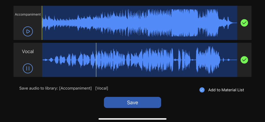 Interface showing separated accompaniment and vocal audio waveforms in EZAudioCut