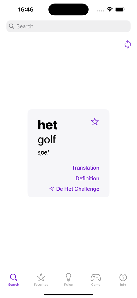Capture d'écran de recherche de l'application De Het affichant l'article correct pour le mot néerlandais golf.