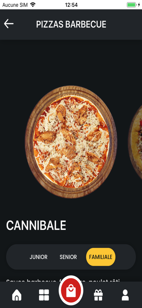 Menu de l'application Pizza Presto Maule affichant une pizza Cannibale barbecue avec des choix de taille