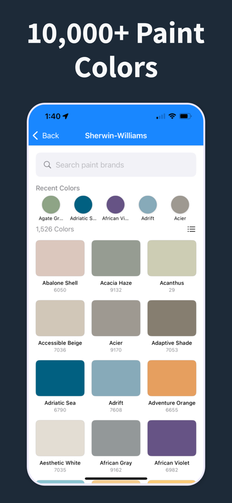 Uma biblioteca de amostras de cores de tinta Sherwin-Williams dentro do aplicativo móvel Exterior Paint Visualizer.