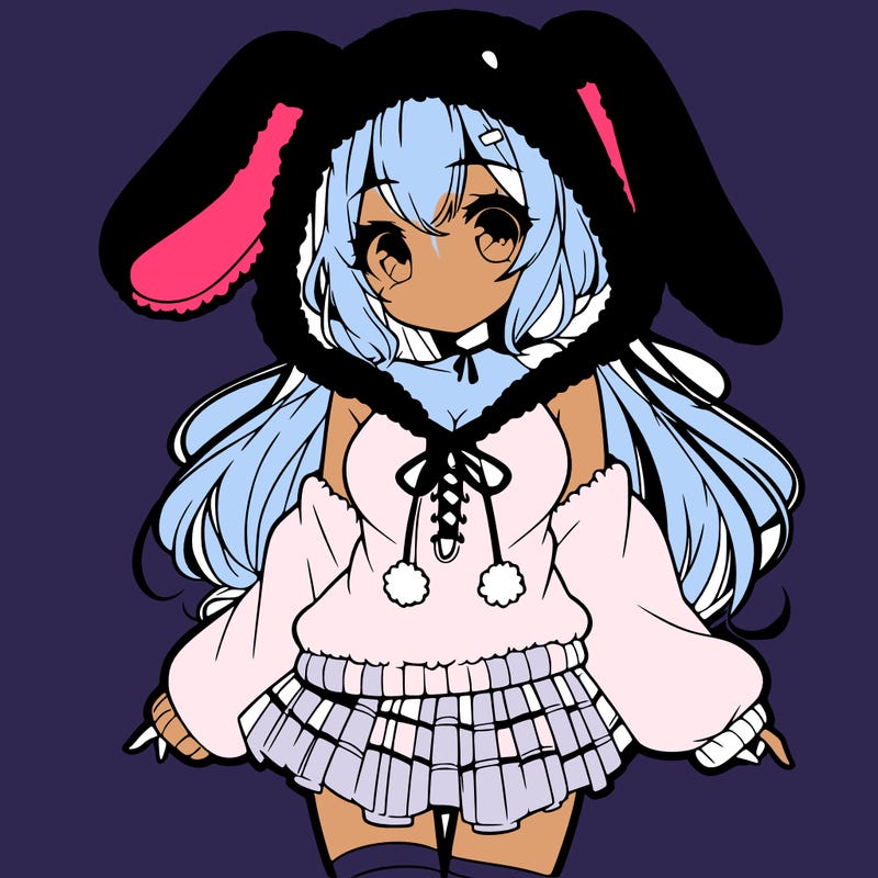 pretty anime girl wearing a fluffy hoodie with bunny ears on the hood and a skirt