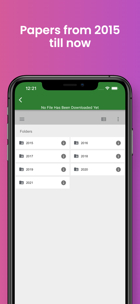 IEB Matric Exam Papers - The IEB Matric Exam Papers app interface displaying a list of folders for past exams organized by year from 2015 to 2021.