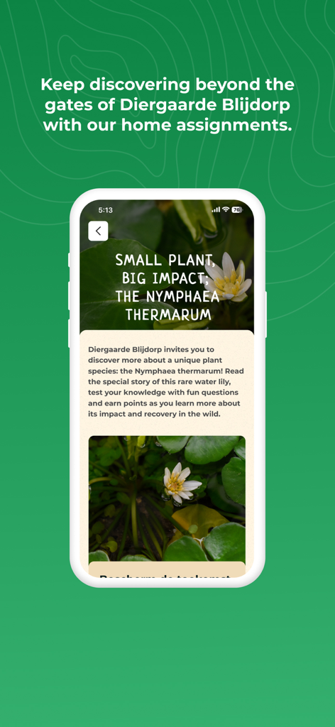 Rotterdam Blijdorp Zoo - Educational screen from the Rotterdam Blijdorp Zoo app about the rare Nymphaea thermarum water lily and home assignments