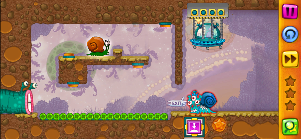 Snail Bob 1: Arcade Adventure - Snail Bob Charakter in einem Physik-Rätsel-Level mit einem UFO und einer Alien-Schnecke.