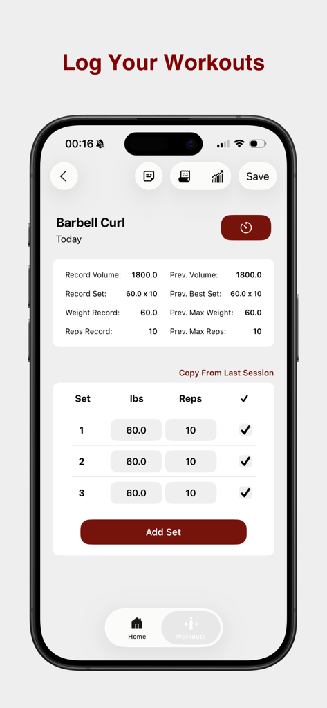 Mobile app screen showing gym workout logs for barbell curls with weight and reps tracking