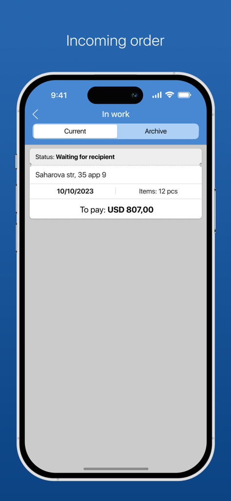 BOMS Courier - Interfaccia dell'app BOMS Courier che mostra i dettagli di un ordine di consegna in arrivo, inclusi indirizzo, numero di articoli e importo del pagamento.