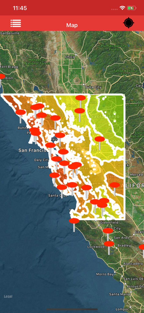 Screenshot of Kmz Viewer app displaying a satellite map of California with red pins and a geographic data overlay
