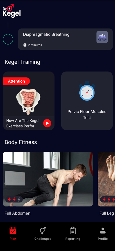 Kegel Trainer: Men's Health - Dashboard of Kegel Trainer app for men showing pelvic floor training and body fitness routines