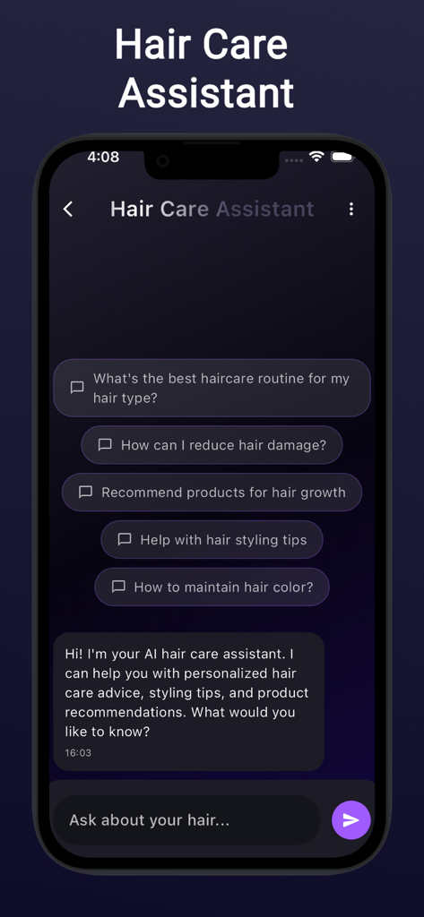 AI hair care assistant chat interface providing personalized hair health advice and product recommendations