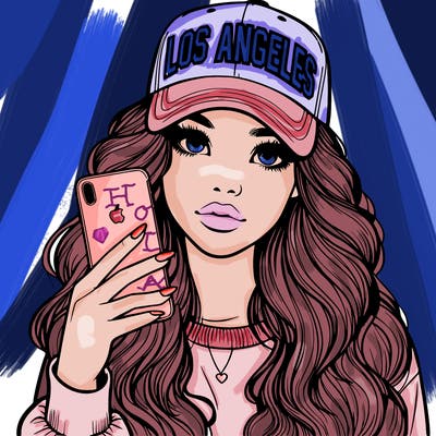 realistic beautiful girl wearing los ángeles cap holding an iphone