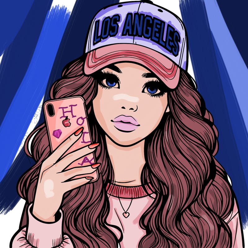 realistic beautiful girl wearing los ángeles cap holding an iphone