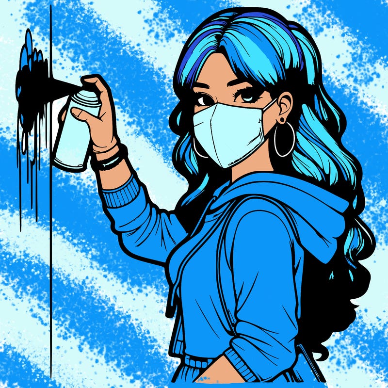 realistic girl with mask spray painting a wall